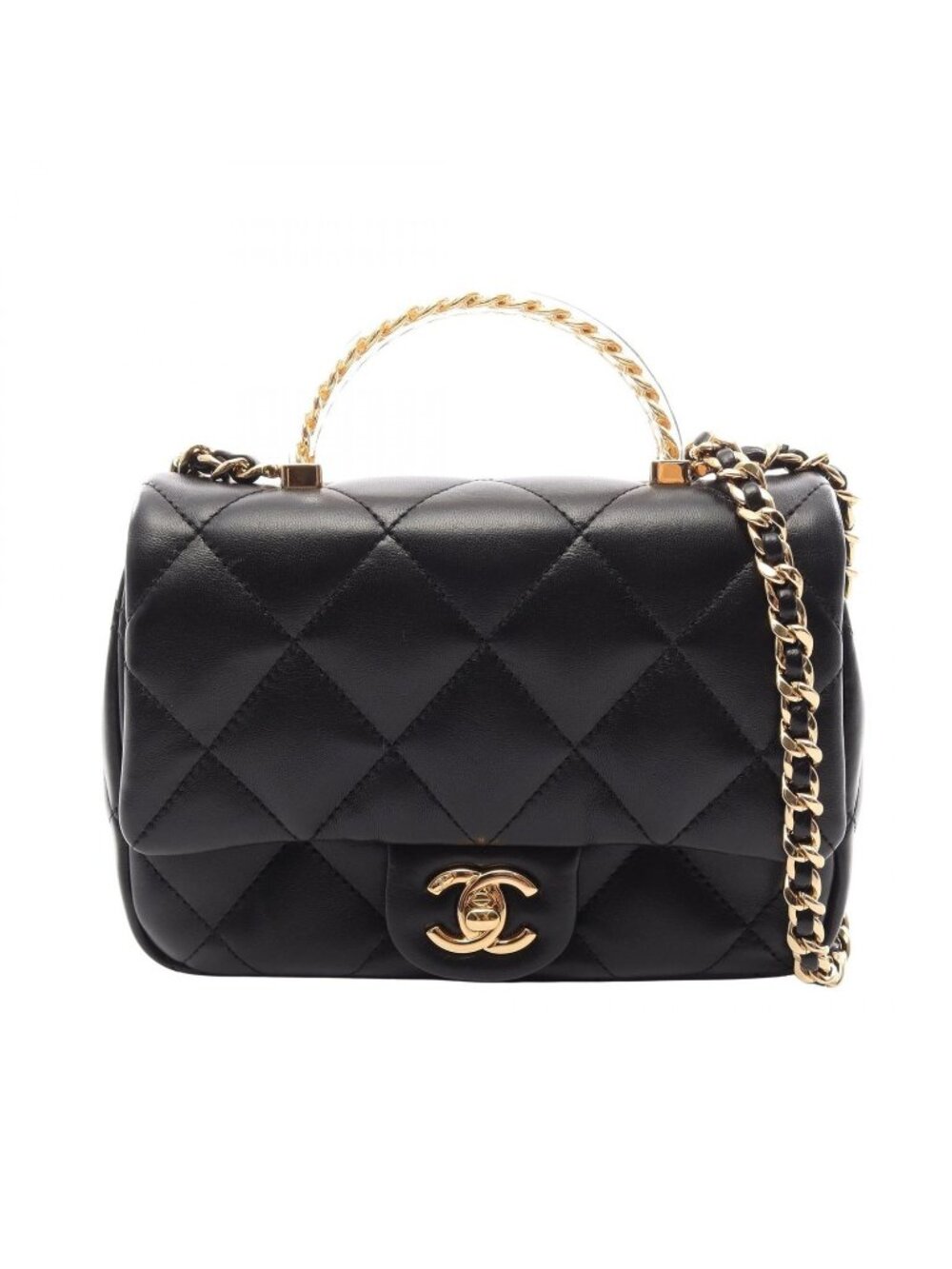 Chanel Shoulder Bag Quilted Top Handle 2-Way Black Lambskin Small Chain
